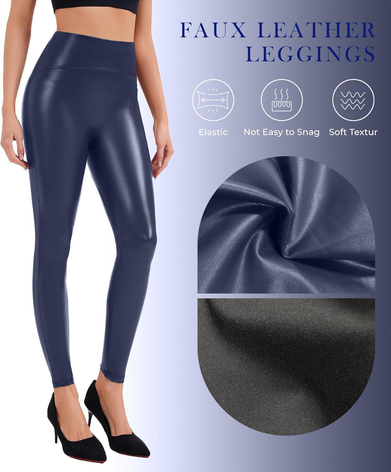 imageFaux Leather Leggings for Women Tummy Control Leather Pants High Waist Stretch PU Tights Slim Ankle LengthDblue