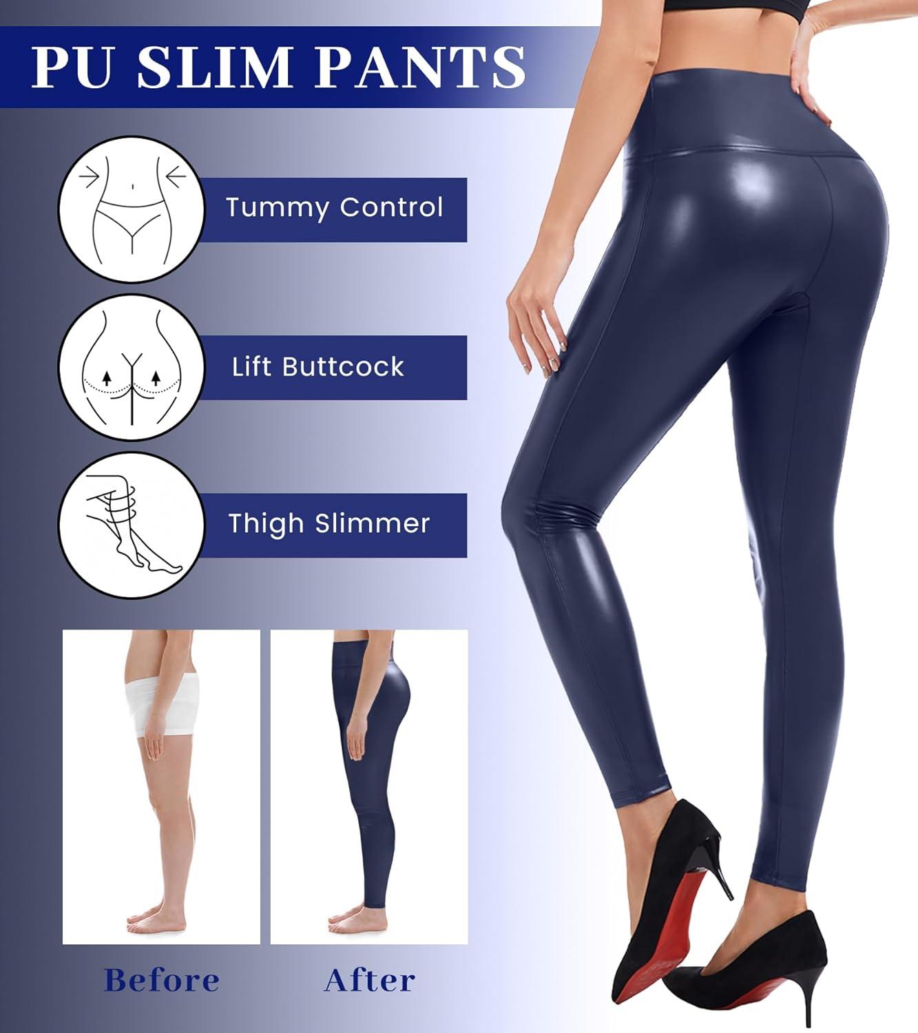 imageFaux Leather Leggings for Women Tummy Control Leather Pants High Waist Stretch PU Tights Slim Ankle LengthDblue