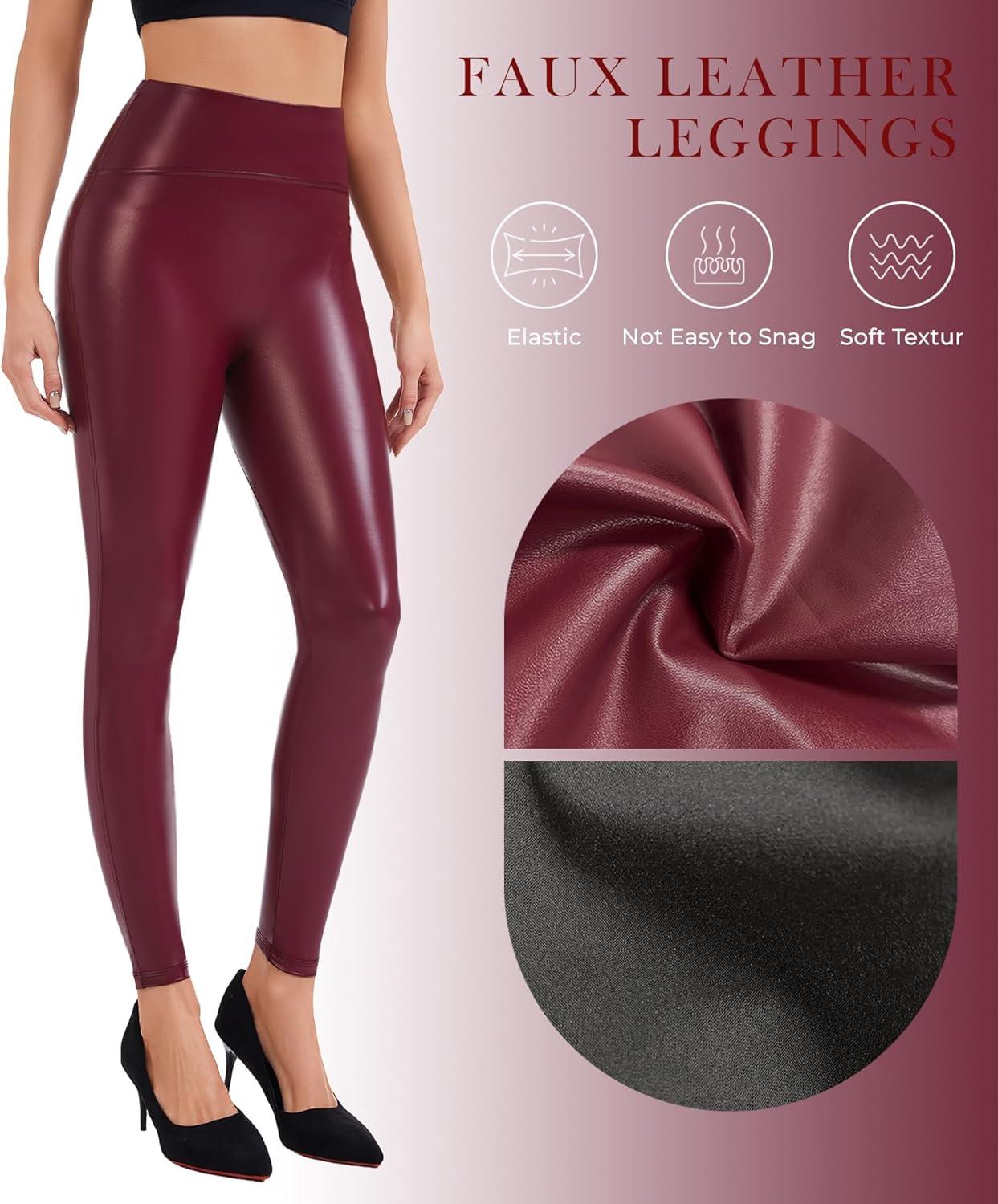 imageFaux Leather Leggings for Women Tummy Control Leather Pants High Waist Stretch PU Tights Slim Ankle LengthWine