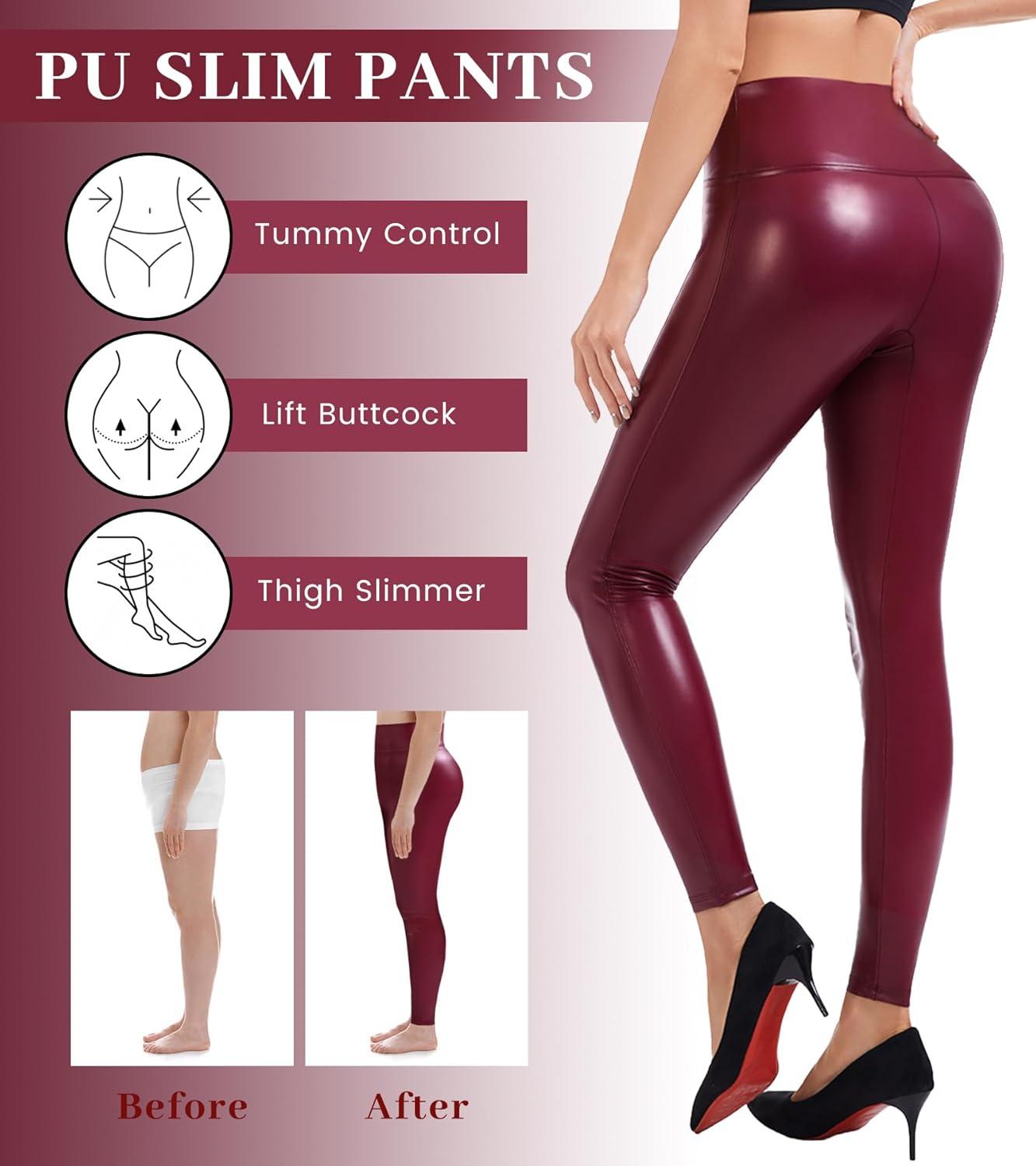 imageFaux Leather Leggings for Women Tummy Control Leather Pants High Waist Stretch PU Tights Slim Ankle LengthWine