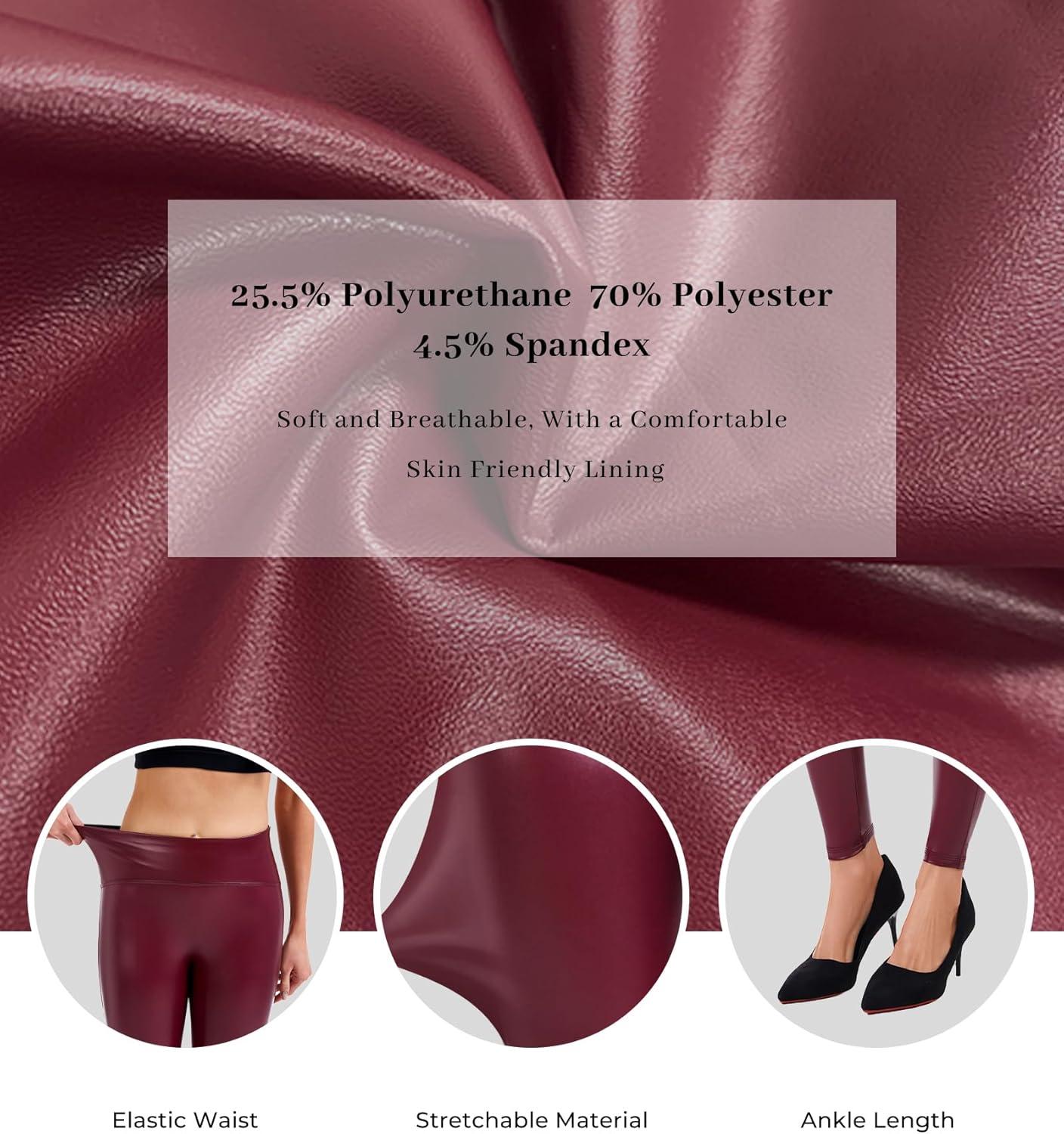 imageFaux Leather Leggings for Women Tummy Control Leather Pants High Waist Stretch PU Tights Slim Ankle LengthWine