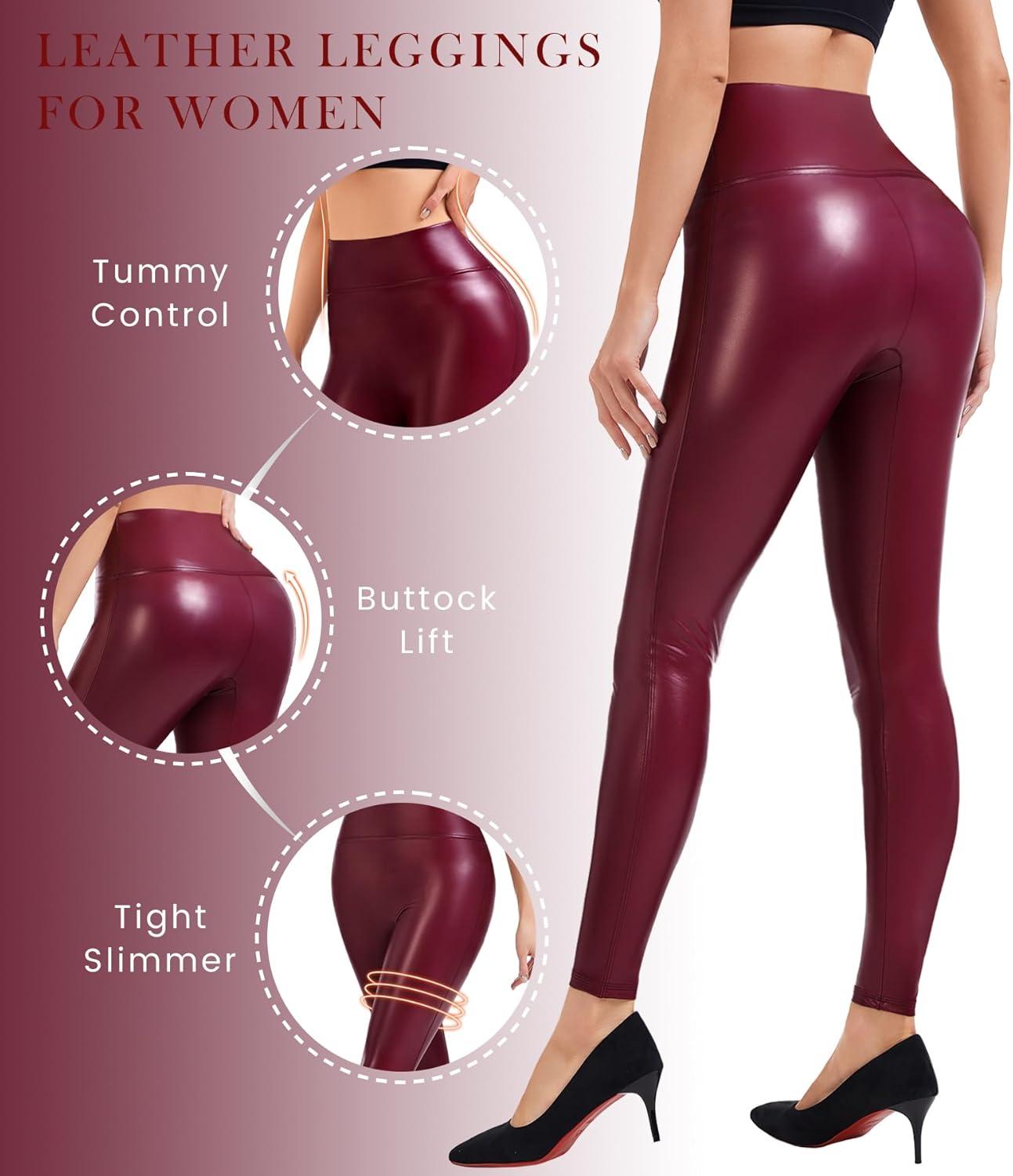 imageFaux Leather Leggings for Women Tummy Control Leather Pants High Waist Stretch PU Tights Slim Ankle LengthWine