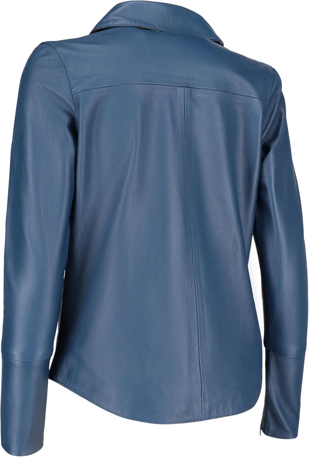 imageJild Casual Shirt Leather Jacket Women Long Sleeve Snap Button Down Soft Lambskin Leather Shacket Regular and Plus SizeBlue