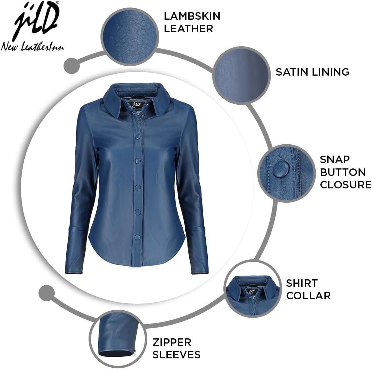 imageJild Casual Shirt Leather Jacket Women Long Sleeve Snap Button Down Soft Lambskin Leather Shacket Regular and Plus SizeBlue