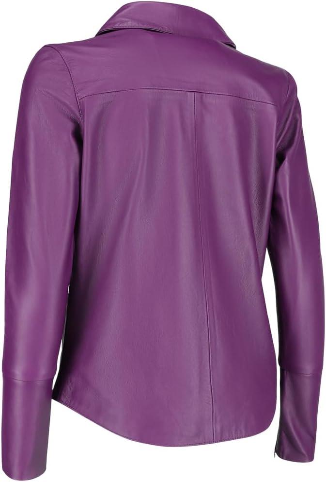 imageJild Casual Shirt Leather Jacket Women Long Sleeve Snap Button Down Soft Lambskin Leather Shacket Regular and Plus SizePurple