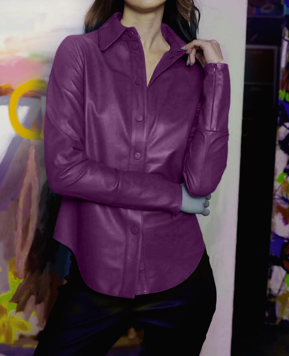 imageJild Casual Shirt Leather Jacket Women Long Sleeve Snap Button Down Soft Lambskin Leather Shacket Regular and Plus SizePurple