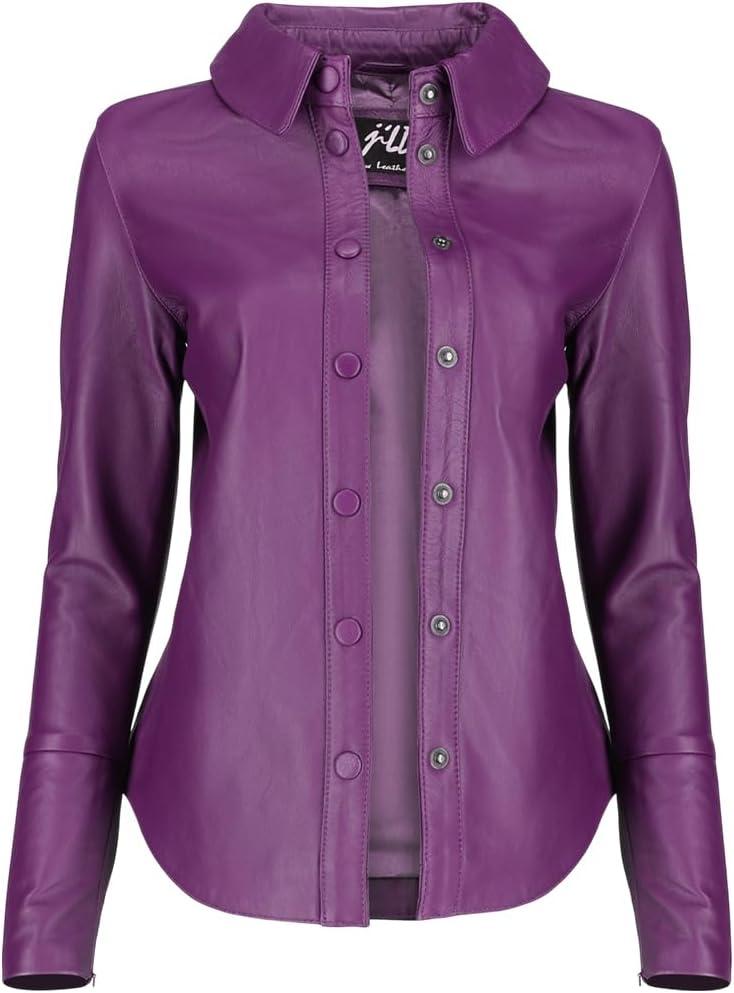 imageJild Casual Shirt Leather Jacket Women Long Sleeve Snap Button Down Soft Lambskin Leather Shacket Regular and Plus SizePurple