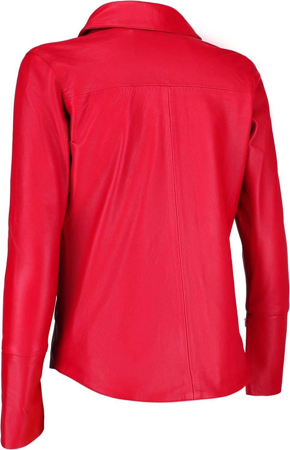 imageJild Casual Shirt Leather Jacket Women Long Sleeve Snap Button Down Soft Lambskin Leather Shacket Regular and Plus SizeRed