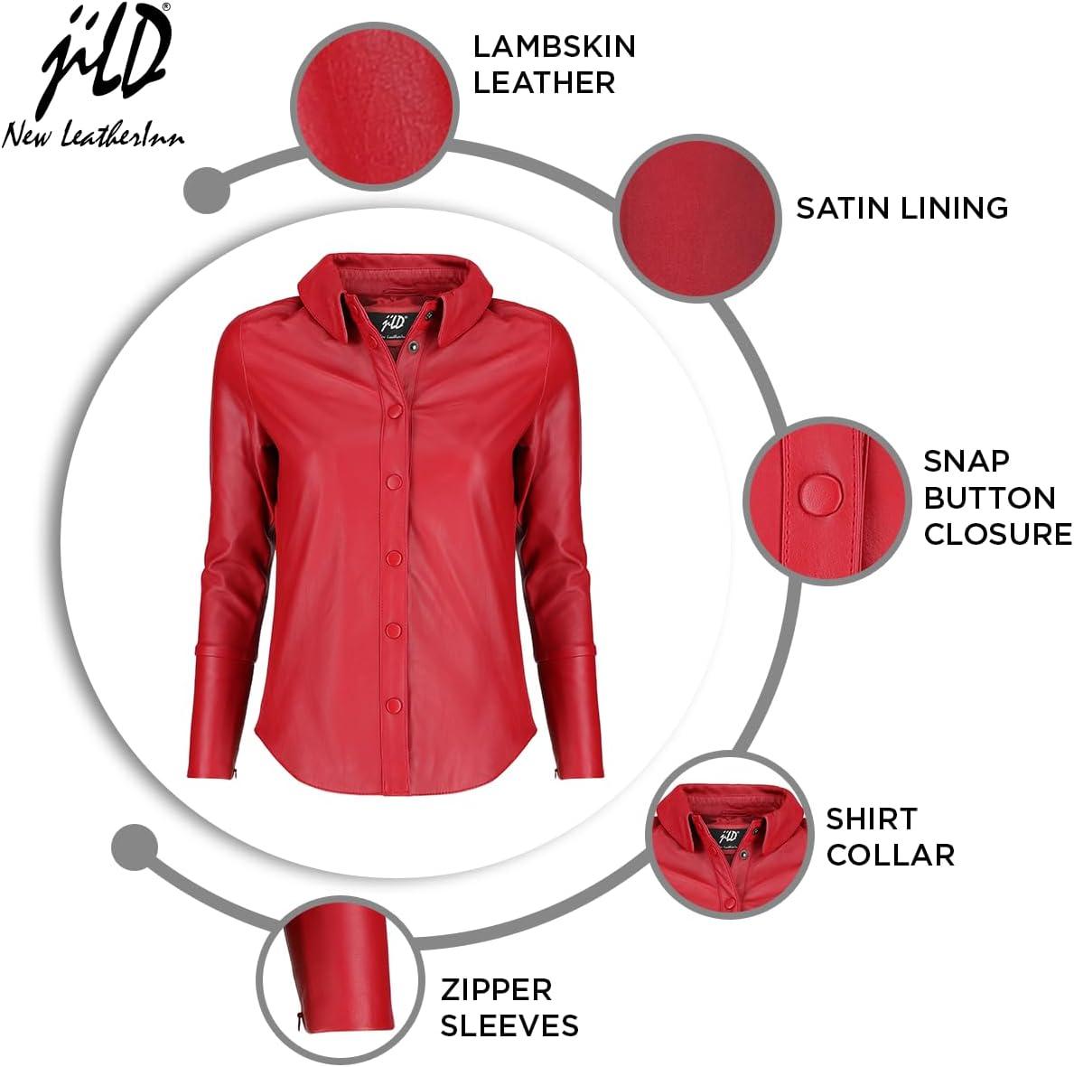imageJild Casual Shirt Leather Jacket Women Long Sleeve Snap Button Down Soft Lambskin Leather Shacket Regular and Plus SizeRed