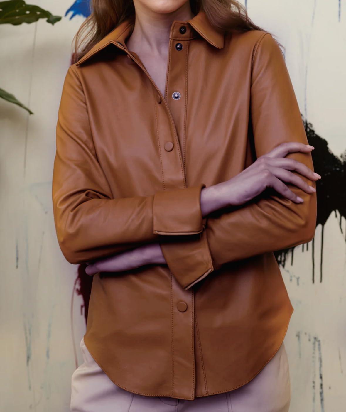 imageJild Casual Shirt Leather Jacket Women Long Sleeve Snap Button Down Soft Lambskin Leather Shacket Regular and Plus SizeTan