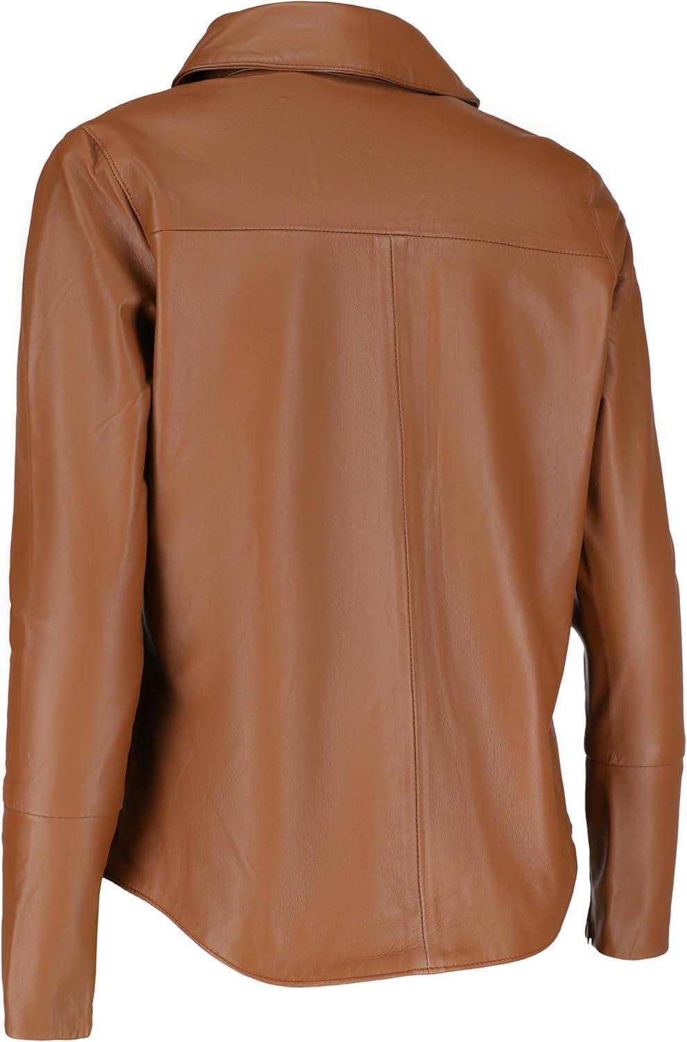 imageJild Casual Shirt Leather Jacket Women Long Sleeve Snap Button Down Soft Lambskin Leather Shacket Regular and Plus SizeTan
