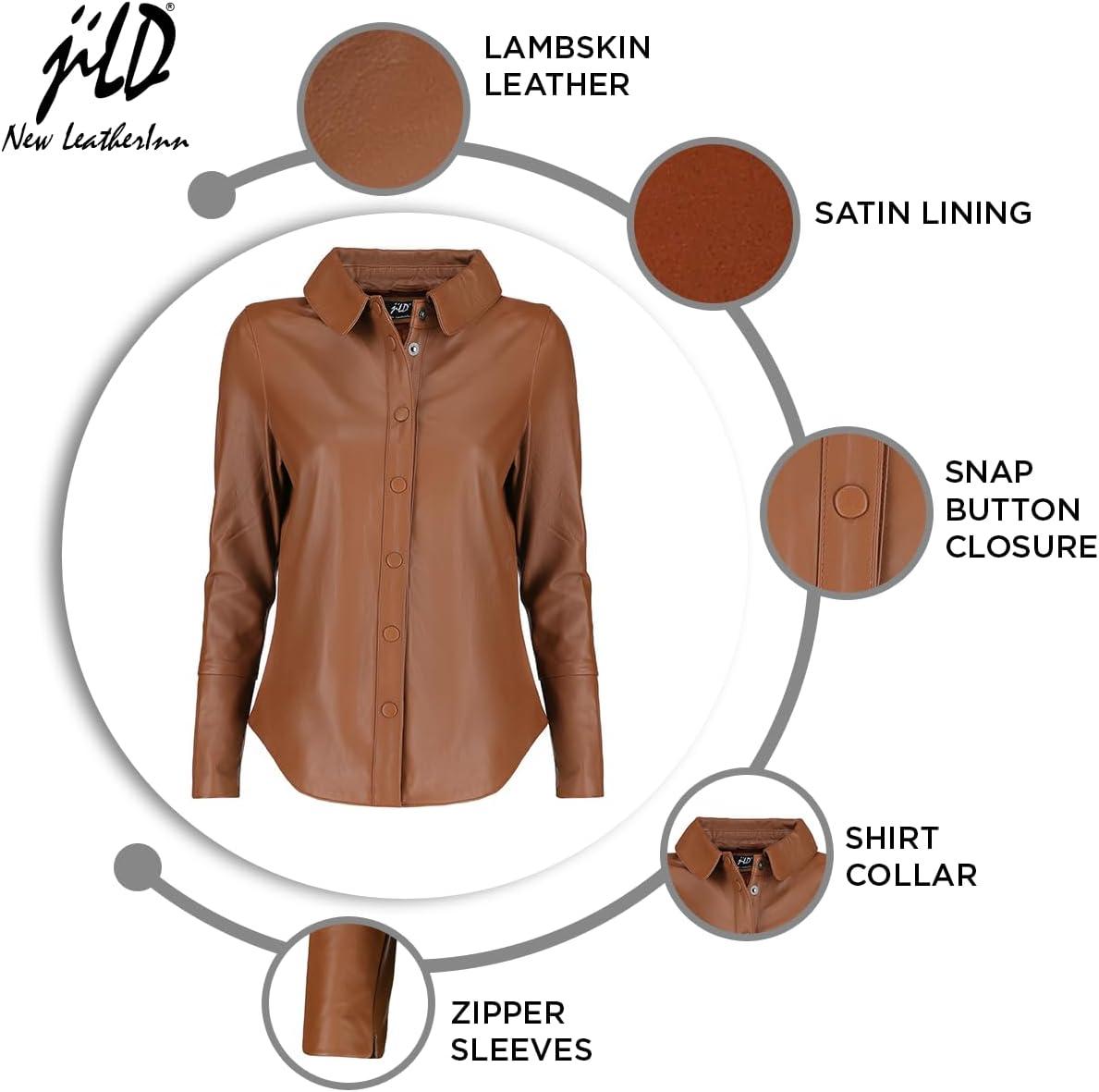 imageJild Casual Shirt Leather Jacket Women Long Sleeve Snap Button Down Soft Lambskin Leather Shacket Regular and Plus SizeTan