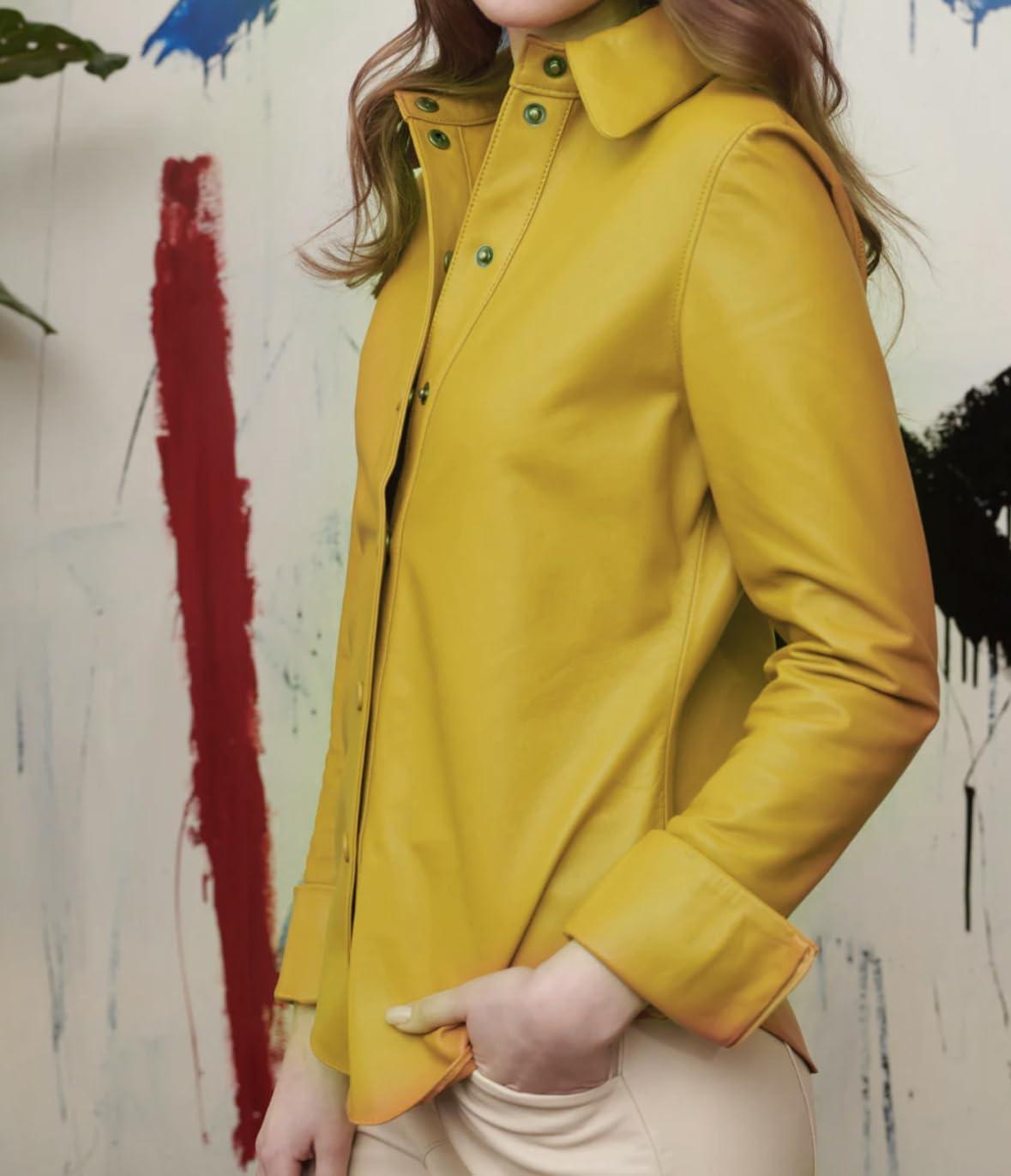 imageJild Casual Shirt Leather Jacket Women Long Sleeve Snap Button Down Soft Lambskin Leather Shacket Regular and Plus SizeYellow