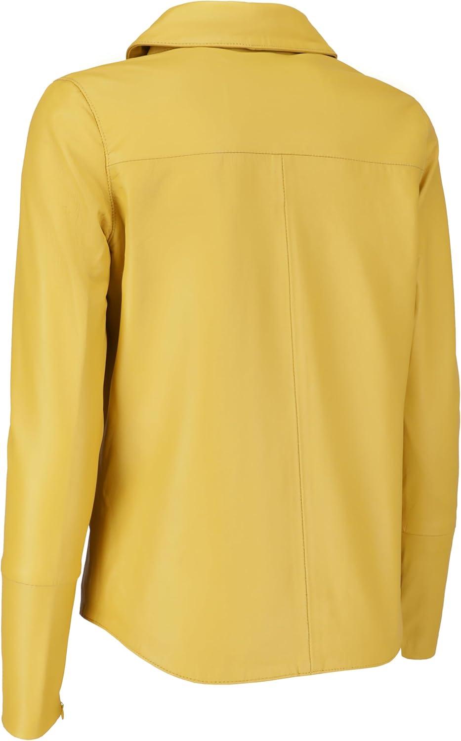 imageJild Casual Shirt Leather Jacket Women Long Sleeve Snap Button Down Soft Lambskin Leather Shacket Regular and Plus SizeYellow