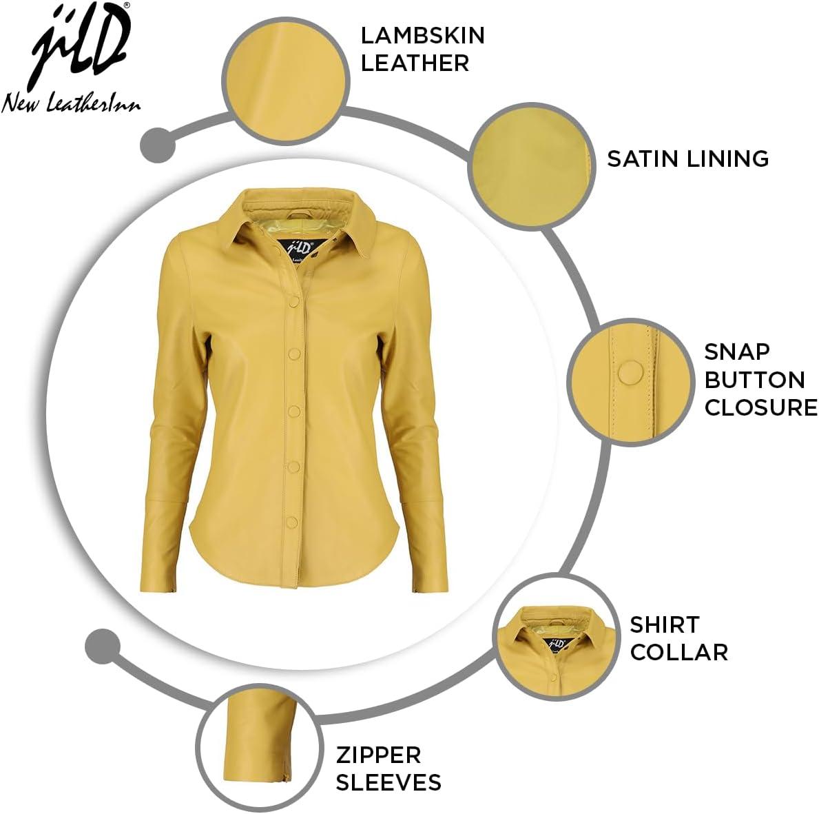 imageJild Casual Shirt Leather Jacket Women Long Sleeve Snap Button Down Soft Lambskin Leather Shacket Regular and Plus SizeYellow