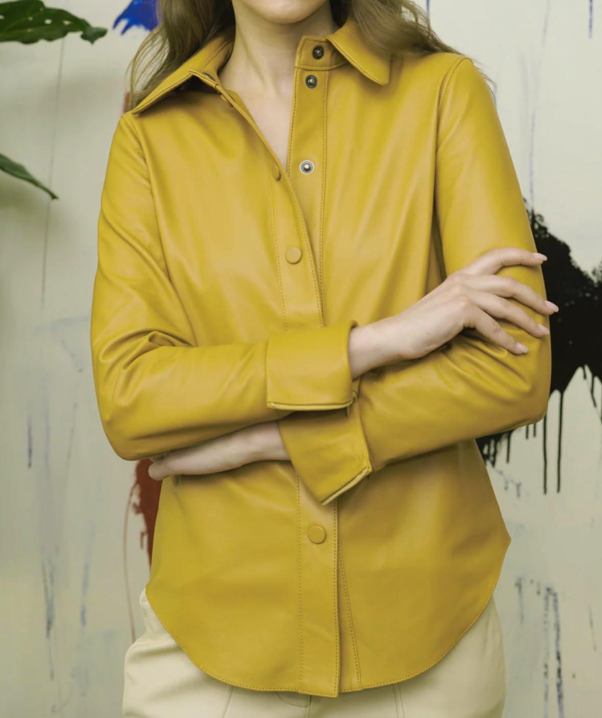 imageJild Casual Shirt Leather Jacket Women Long Sleeve Snap Button Down Soft Lambskin Leather Shacket Regular and Plus SizeYellow