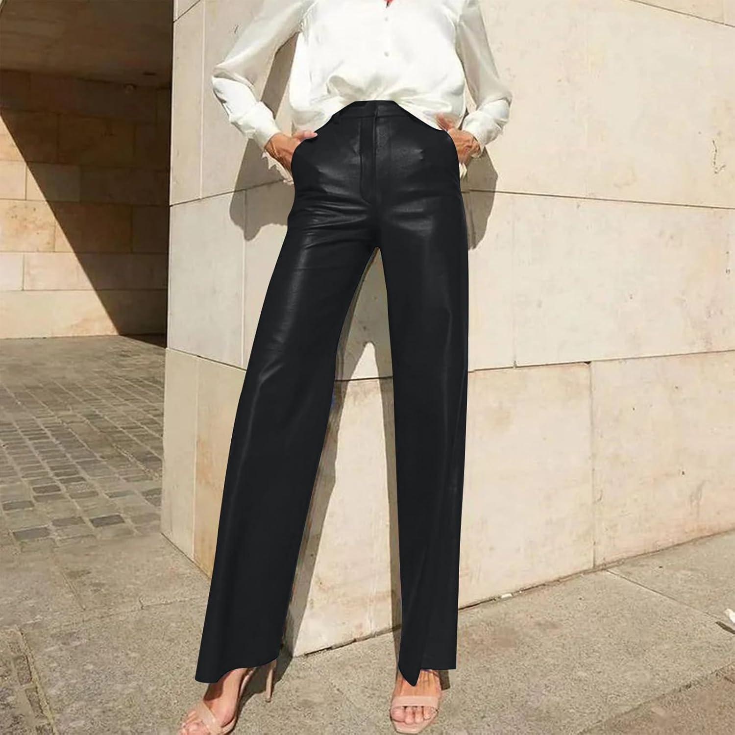 imageLeather Pants for Women Stretch Retro Faux Leather Pants with Pocket High Waisted Straight Leg Pleather Trousers01black