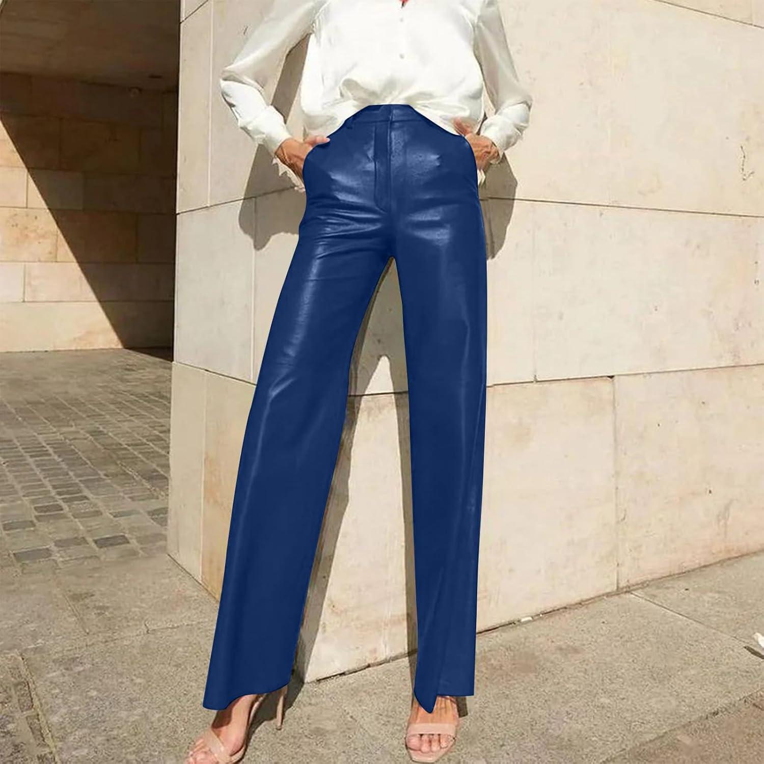 imageLeather Pants for Women Stretch Retro Faux Leather Pants with Pocket High Waisted Straight Leg Pleather Trousers01blue