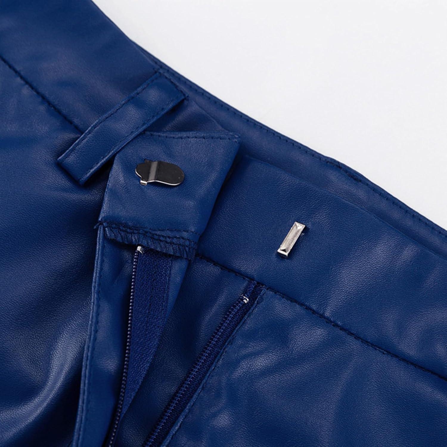 imageLeather Pants for Women Stretch Retro Faux Leather Pants with Pocket High Waisted Straight Leg Pleather Trousers01blue