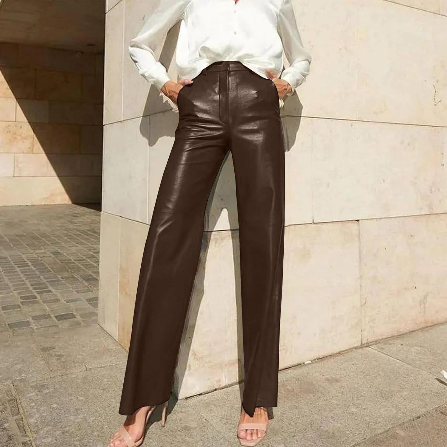 imageLeather Pants for Women Stretch Retro Faux Leather Pants with Pocket High Waisted Straight Leg Pleather Trousers01brown