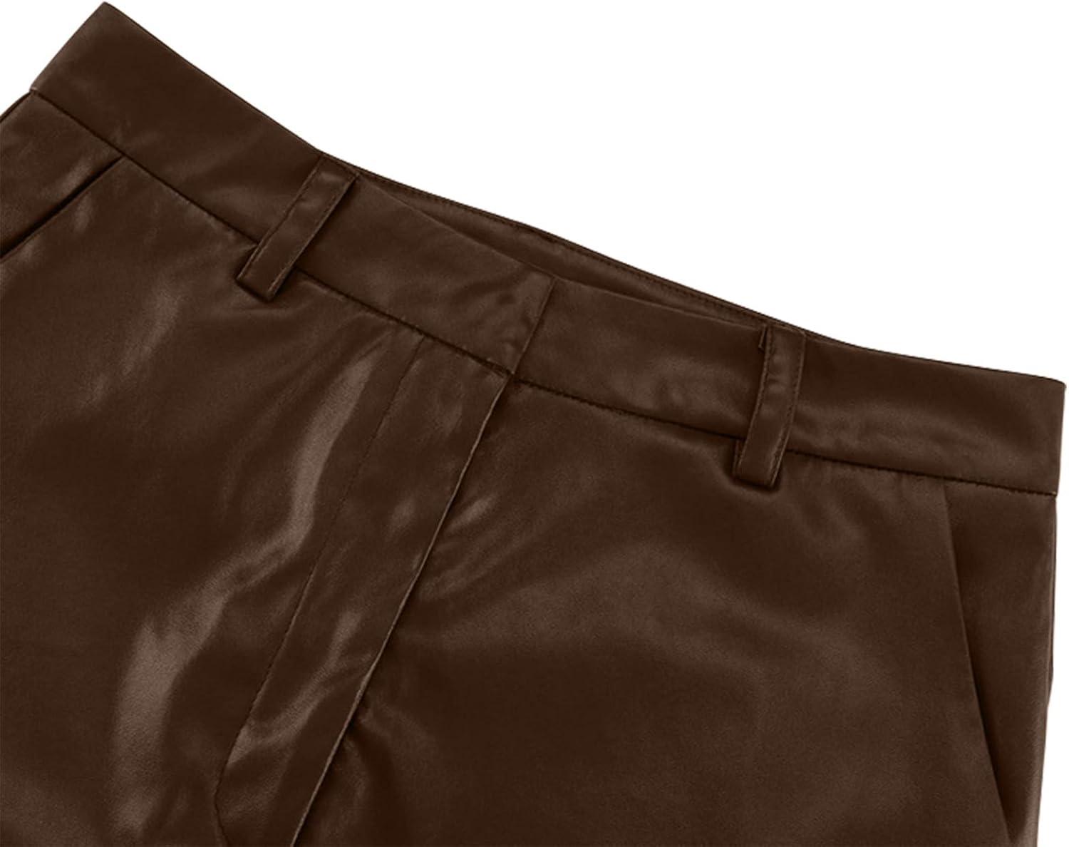 imageLeather Pants for Women Stretch Retro Faux Leather Pants with Pocket High Waisted Straight Leg Pleather Trousers01brown