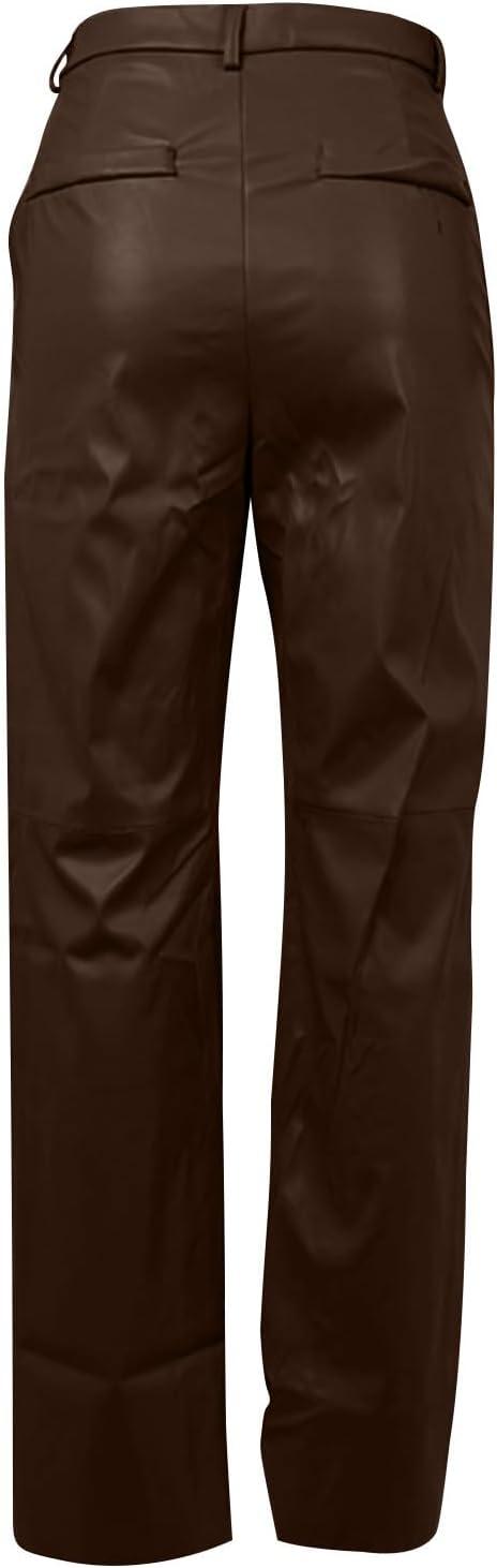 imageLeather Pants for Women Stretch Retro Faux Leather Pants with Pocket High Waisted Straight Leg Pleather Trousers01brown