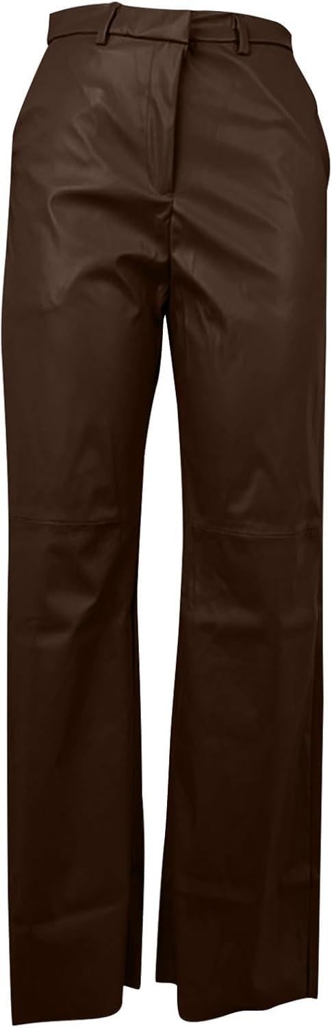 imageLeather Pants for Women Stretch Retro Faux Leather Pants with Pocket High Waisted Straight Leg Pleather Trousers01brown