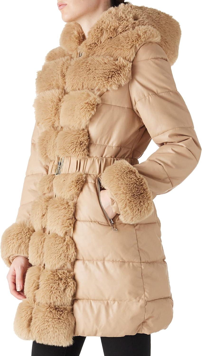 imageRISISSIDA Women Winter Fur Lined CoatPuffer Jacket with Long Fur Trim HoodedWarm Leather Bubble Overcoat ColdresistantApricot