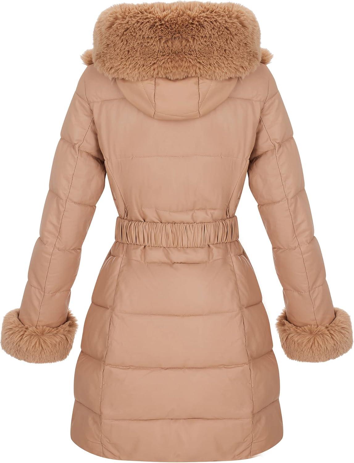 imageRISISSIDA Women Winter Fur Lined CoatPuffer Jacket with Long Fur Trim HoodedWarm Leather Bubble Overcoat ColdresistantApricot