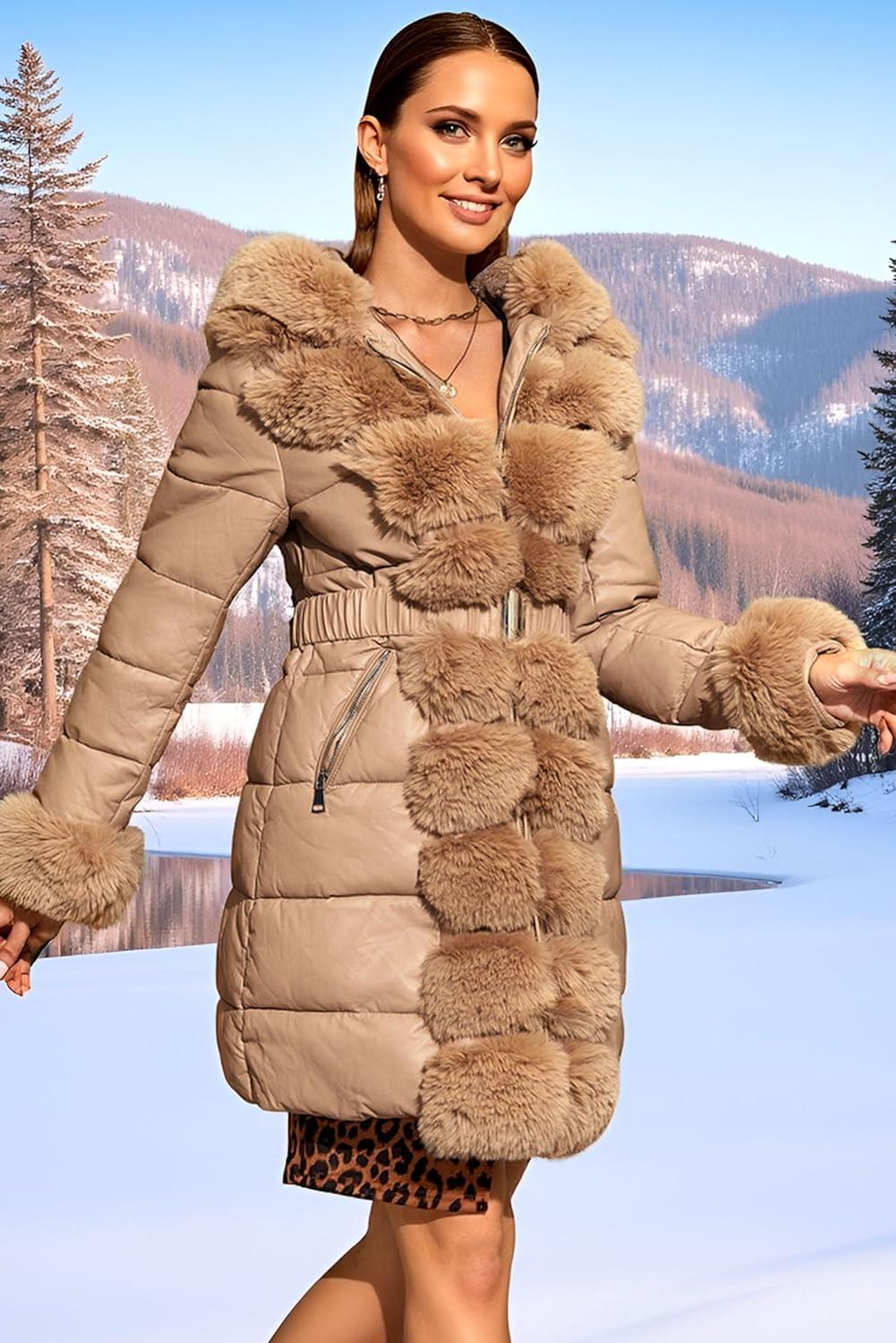 imageRISISSIDA Women Winter Fur Lined CoatPuffer Jacket with Long Fur Trim HoodedWarm Leather Bubble Overcoat ColdresistantApricot