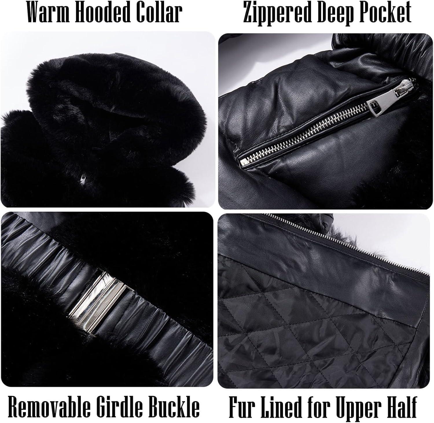 imageRISISSIDA Women Winter Fur Lined CoatPuffer Jacket with Long Fur Trim HoodedWarm Leather Bubble Overcoat ColdresistantBlack