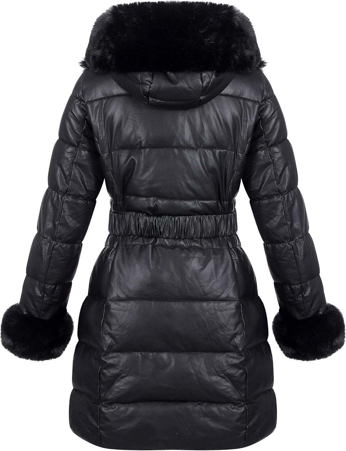 imageRISISSIDA Women Winter Fur Lined CoatPuffer Jacket with Long Fur Trim HoodedWarm Leather Bubble Overcoat ColdresistantBlack