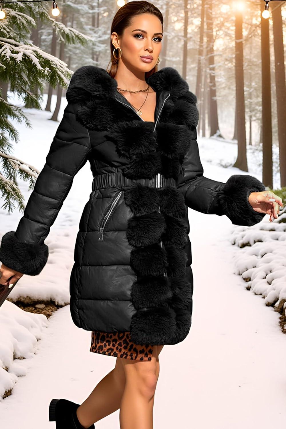 imageRISISSIDA Women Winter Fur Lined CoatPuffer Jacket with Long Fur Trim HoodedWarm Leather Bubble Overcoat ColdresistantBlack