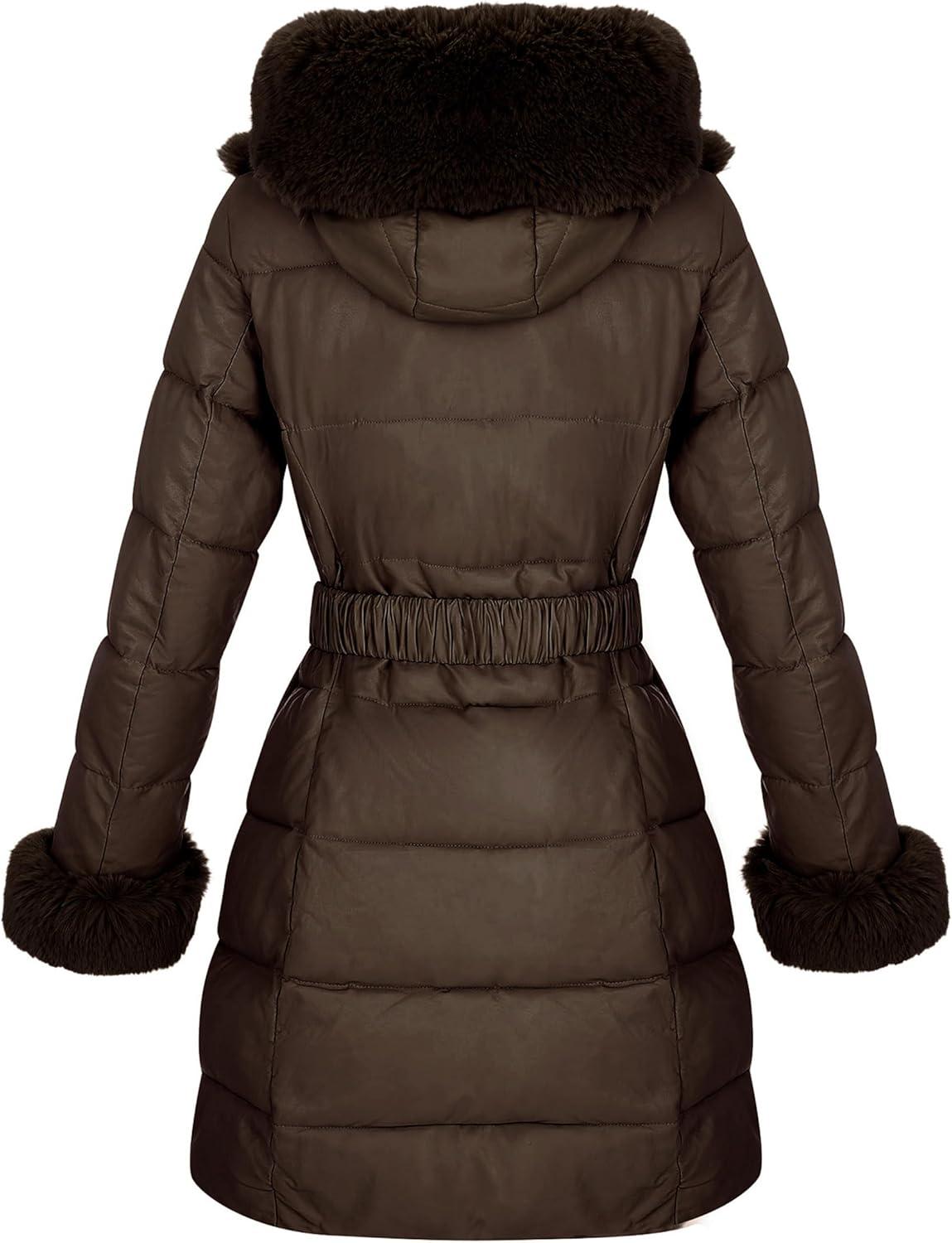 imageRISISSIDA Women Winter Fur Lined CoatPuffer Jacket with Long Fur Trim HoodedWarm Leather Bubble Overcoat ColdresistantBrown