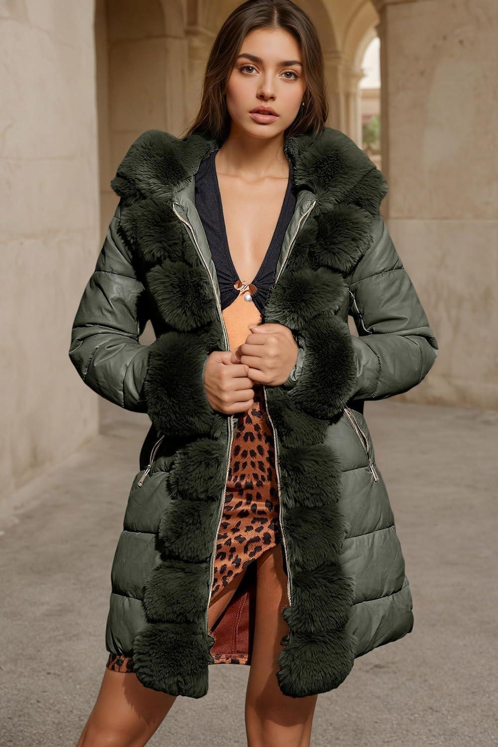 imageRISISSIDA Women Winter Fur Lined CoatPuffer Jacket with Long Fur Trim HoodedWarm Leather Bubble Overcoat ColdresistantGreen