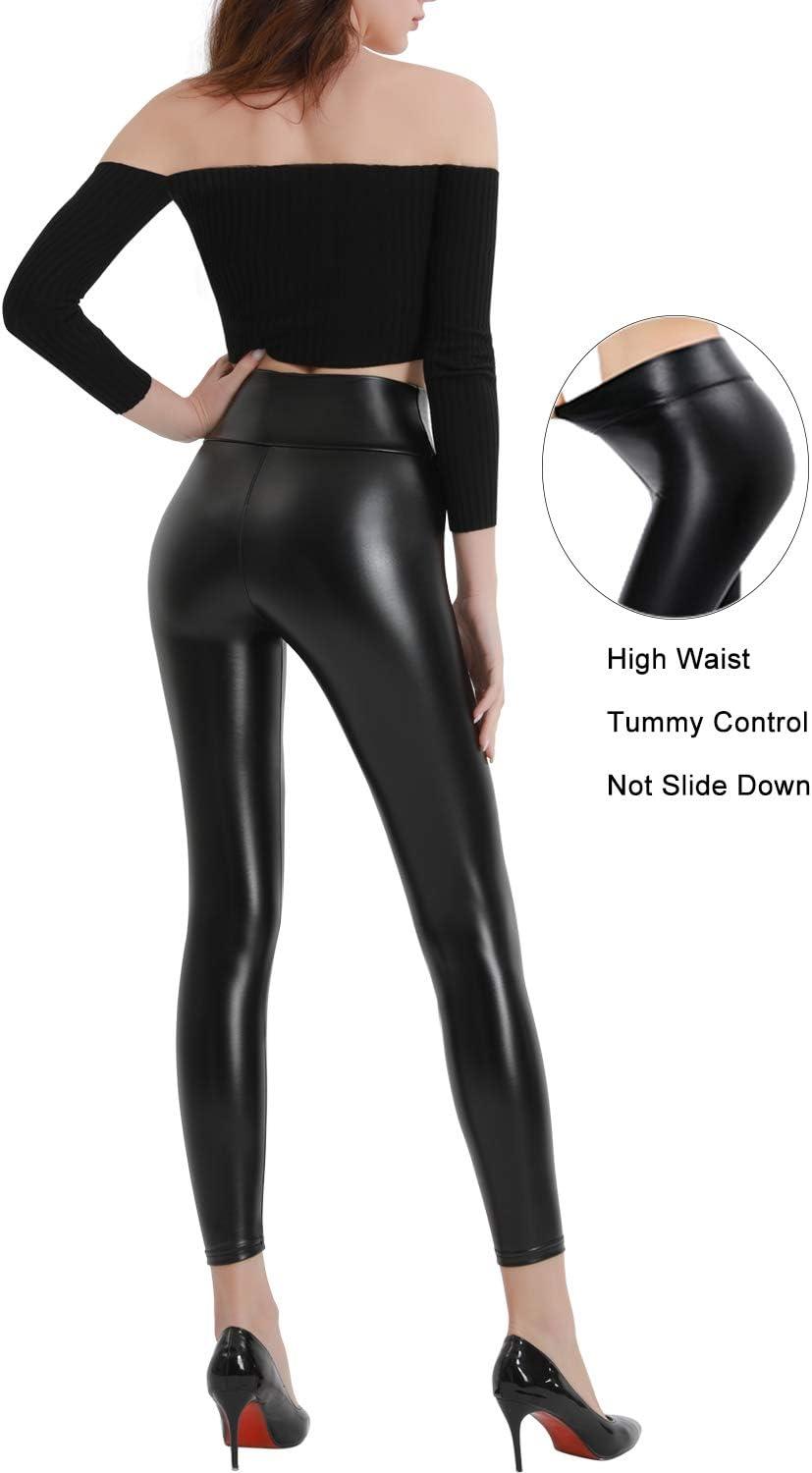 imageRetro Gong Faux Leather Leggings for Women Tummy Control High Waist Stretch Shiny Pleather PantsBlack