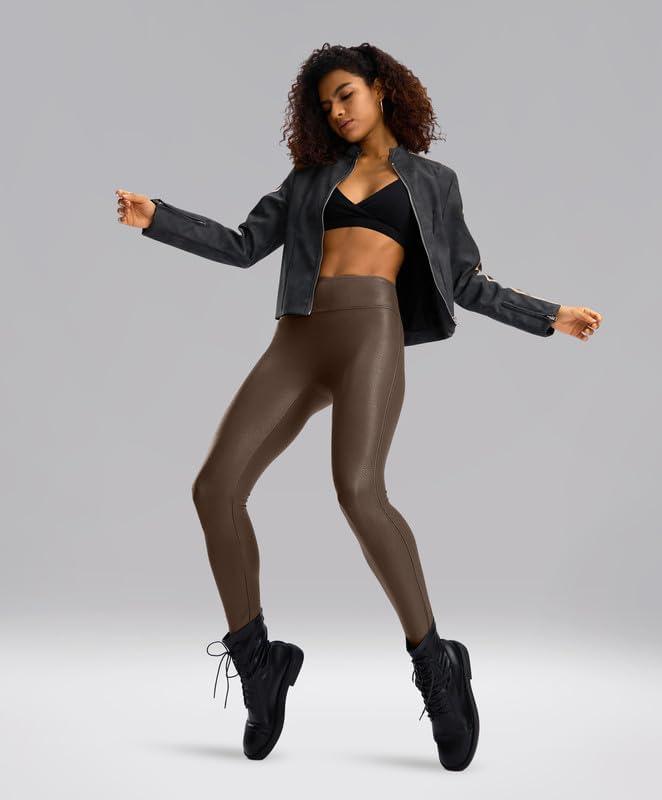 imageSANTINY Womens Faux Leather Leggings 252729High Waisted Stretch Leather Pants Pleather Tights for WomenBrown