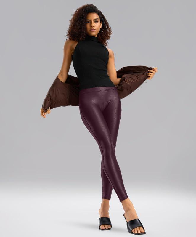 imageSANTINY Womens Faux Leather Leggings 252729High Waisted Stretch Leather Pants Pleather Tights for WomenWine