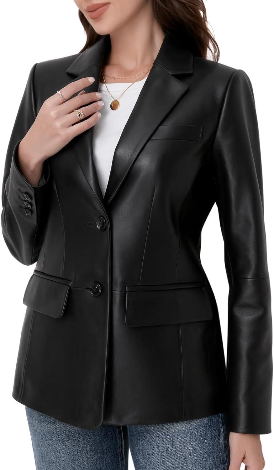 imageSILVER FASHIONS Lambskin Leather Jacket WomenLong Sleeve Button Front Leather BlazerNotched Lapel Casual StyleVent DetailBlack