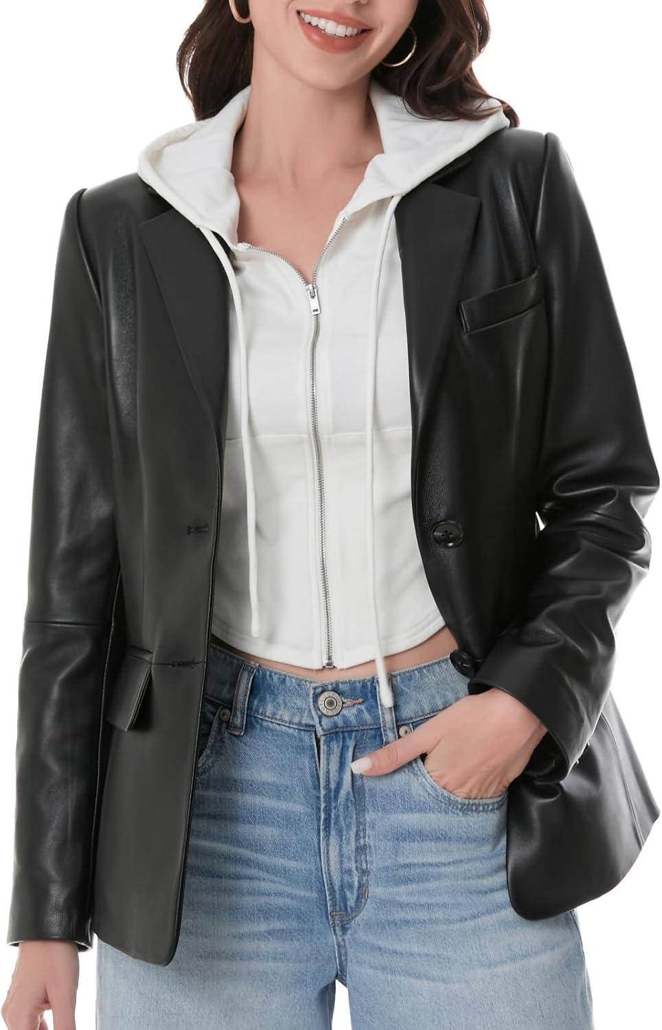 imageSILVER FASHIONS Lambskin Leather Jacket WomenLong Sleeve Button Front Leather BlazerNotched Lapel Casual StyleVent DetailBlack