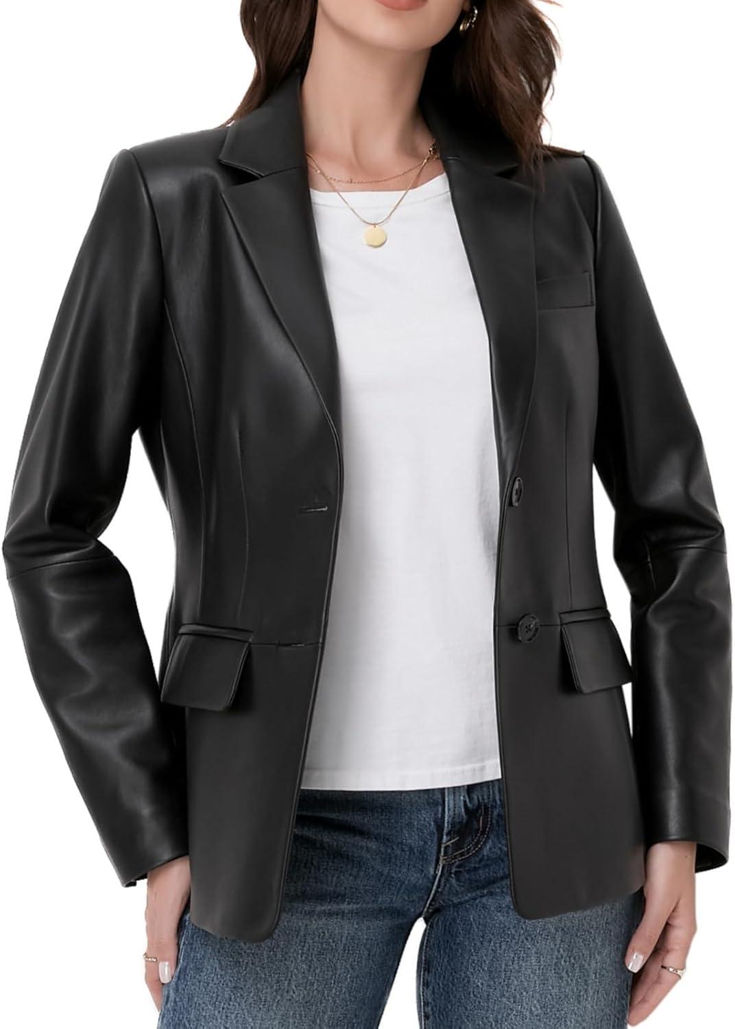 imageSILVER FASHIONS Lambskin Leather Jacket WomenLong Sleeve Button Front Leather BlazerNotched Lapel Casual StyleVent DetailBlack