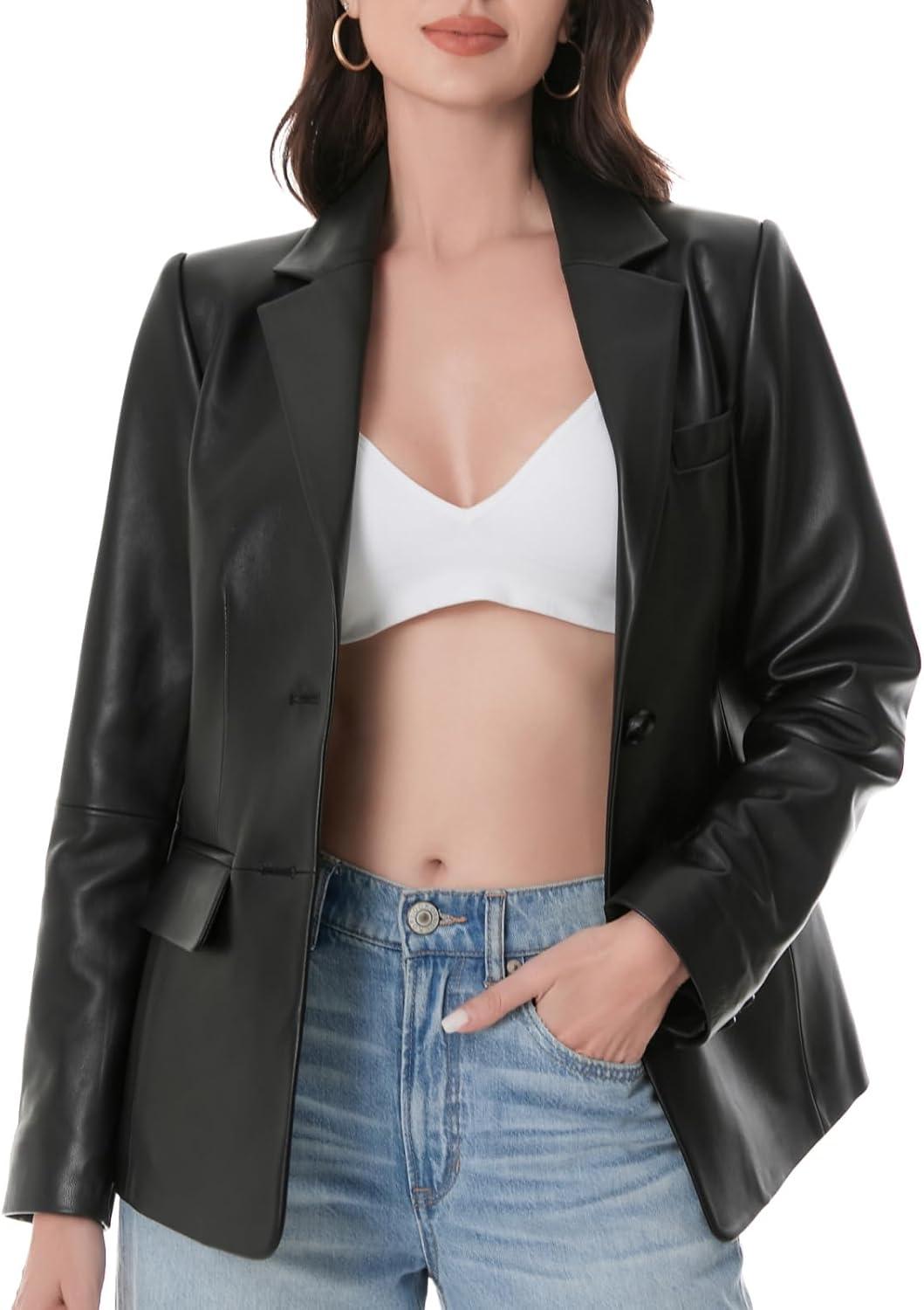 imageSILVER FASHIONS Lambskin Leather Jacket WomenLong Sleeve Button Front Leather BlazerNotched Lapel Casual StyleVent DetailBlack