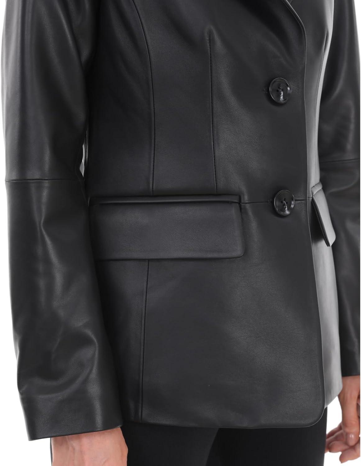 imageSILVER FASHIONS Lambskin Leather Jacket WomenLong Sleeve Button Front Leather BlazerNotched Lapel Casual StyleVent DetailBlack