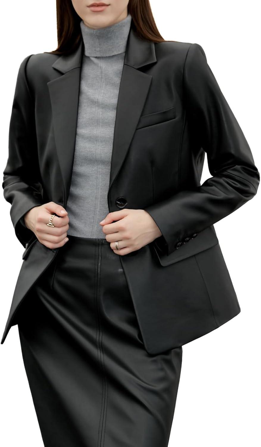imageSILVER FASHIONS Lambskin Leather Jacket WomenLong Sleeve Button Front Leather BlazerNotched Lapel Casual StyleVent DetailBlack
