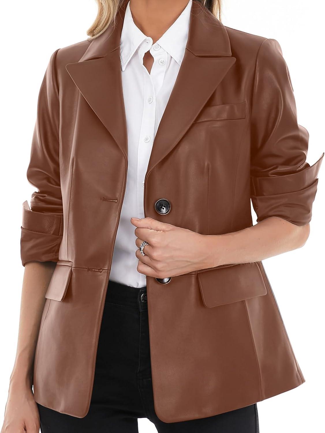 imageSILVER FASHIONS Lambskin Leather Jacket WomenLong Sleeve Button Front Leather BlazerNotched Lapel Casual StyleVent DetailBrown
