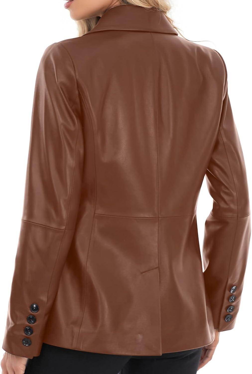 imageSILVER FASHIONS Lambskin Leather Jacket WomenLong Sleeve Button Front Leather BlazerNotched Lapel Casual StyleVent DetailBrown