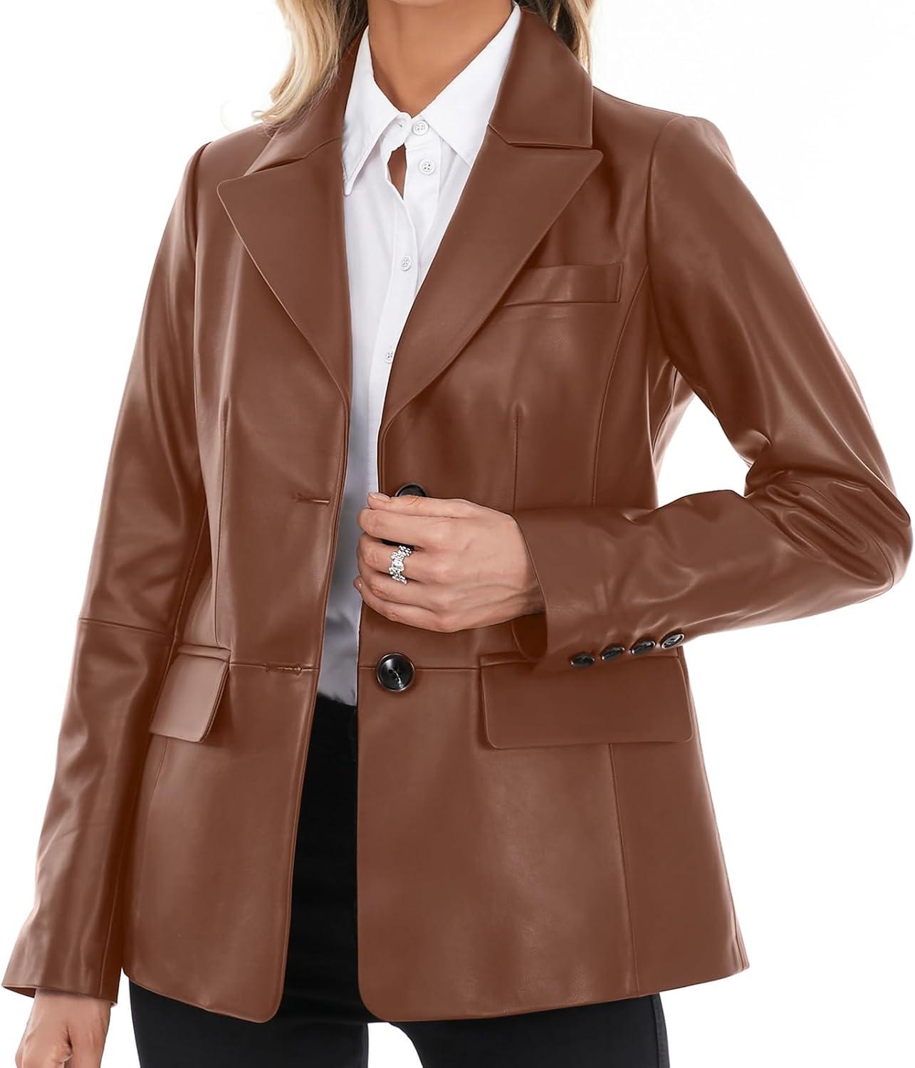 imageSILVER FASHIONS Lambskin Leather Jacket WomenLong Sleeve Button Front Leather BlazerNotched Lapel Casual StyleVent DetailBrown