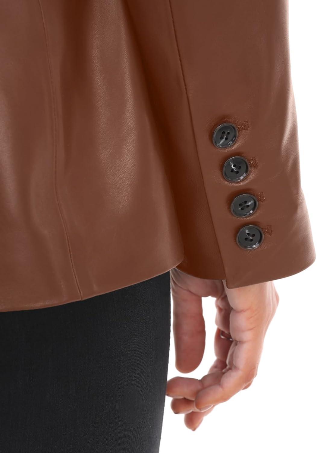 imageSILVER FASHIONS Lambskin Leather Jacket WomenLong Sleeve Button Front Leather BlazerNotched Lapel Casual StyleVent DetailBrown