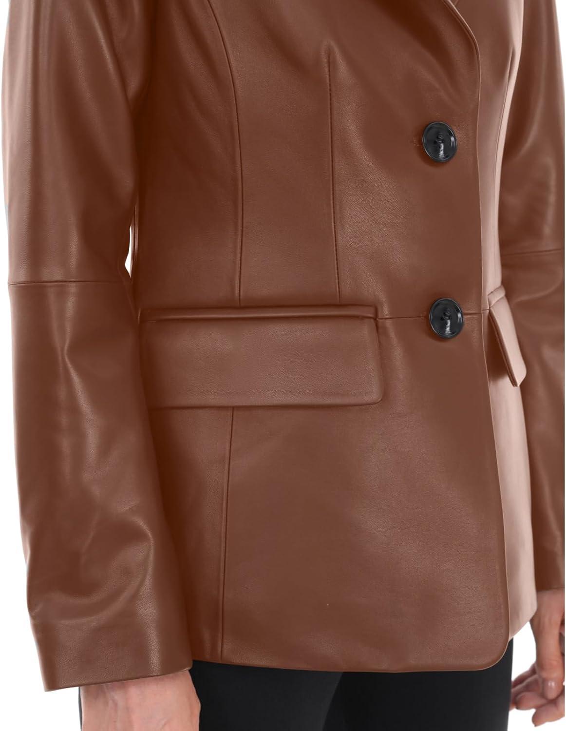 imageSILVER FASHIONS Lambskin Leather Jacket WomenLong Sleeve Button Front Leather BlazerNotched Lapel Casual StyleVent DetailBrown