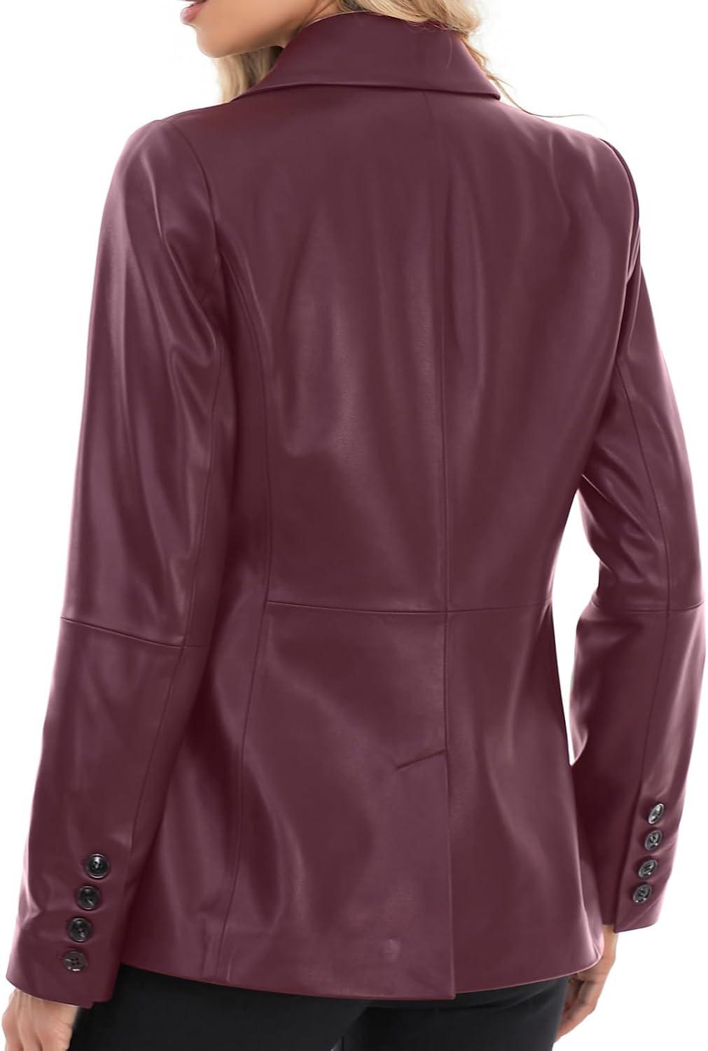 imageSILVER FASHIONS Lambskin Leather Jacket WomenLong Sleeve Button Front Leather BlazerNotched Lapel Casual StyleVent DetailBurgundy